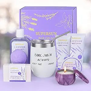 Mothers Day Gifts for Mom from Daughter Son, Relaxing Spa Gift Basket for Women,Lavender Scented,8PCS Includes Body Lotion,Bubble Bath,Body Butter,Bath Soap,Hand Cream,Bath Bomb,Lavender Scented Candle & Tumbler with Straw