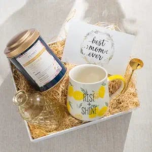 Taimei Tea Gift Sets,Tea Sets For Women,Mother's Day Gift Box,Gift Basket for Tea Lovers with 100% Natural Decaf Rose Jasmine Herbal Tea Loose Leaf from Germany (120g-50Cups), Mug, Small Glass Vase, Gold Teaspoon Care Package (Best Mom Ever Card)