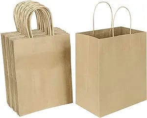 Oikss 50 Pack 8x4.75x10 Inch Medium Gift Bags with Handles Bulk, Kraft Bags Birthday Party Favors Grocery Retail Shopping Business Goody Bags, Craft Plain Natural Paper Bags Sacks (Brown 50 PCS Count)