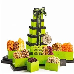 Mothers Day Dried Fruit & Mixed Nuts Gift Basket Green Tower + Ribbon (12 Assortments) Gourmet Food Bouquet Arrangement Platter, Birthday Care Package, Healthy Kosher Snack Box, Mom Women Wife Adults