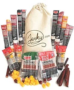 Jerky Gift Basket for Men & Women - 26pc Jerky Variety Pack of Beef, Pork, Turkey & Ham Snack Sticks - Meat and Cheese Gift Set - High Protein Snacks for Adults, Unique Gift Idea for Any Occasion