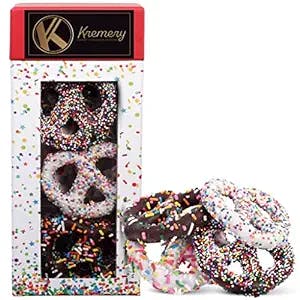 Mothers Day Dark Milk Chocolate Covered Pretzel Twists Gift Basket in Confetti Tower (12 Count) Assorted Sweet Treats Candy Toppings, Gourmet Bakery Desert Kosher Dairy Food USA Made, Mom Women Wife
