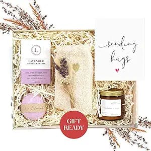 Unboxme Lavender Spa Gift Basket For Women | Stress Relief Relaxation Gift Box For Her | Hand-made Candle, Bath Bomb, Soap + More | Birthday, Self Care, Get Well Soon (Sending Hugs Card)