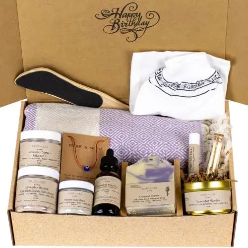 Birthday Gift Baskets for Women, Handmade Lavender Gift Box, Natural Relaxing Spa Self Care Package for Women 13 Pc, Spa Gifts for Women, Gift Basket for Women, Birthday Box (Lavender Garden)