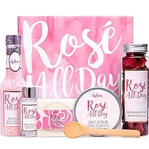BFF LOVE 6Pcs Spa Gifts for Women, Bath Gift Set, Rose Gift Baskets for Women, Spa Kit with Essential Rose Oil, Bath Salt, Soap, Natural Petals, Mothers Day Gifts for Her