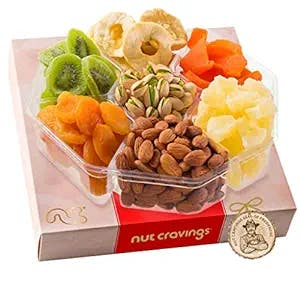 Mothers Day Dried Fruit & Mixed Nuts Gift Basket in Red Box (7 Assortments, 2 LB) Gourmet Food Bouquet Arrangement Platter, Birthday Care Package, Healthy Kosher Snack Tray, Mom Women Wife Men Adults