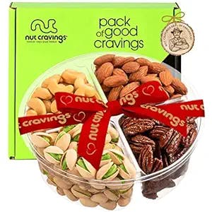 Mothers Day Mixed Nuts Gift Basket + Heart Ribbon (4 Assortments) Gourmet Food Bouquet Arrangement Platter, Birthday Care Package Tray, Healthy Kosher Snack Box, Mom Women Wife Men Adults