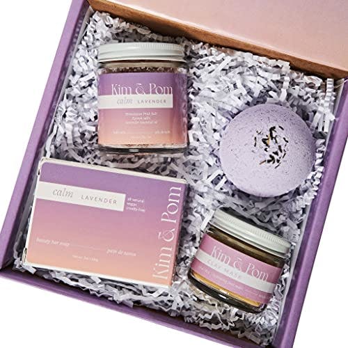 Kim and Pom - Lavender Spa Set for Women - All Natural Vegan Gift Ideas for Her, Mother's Day Gift for Wife from Husband, Valentine's Day Gift
