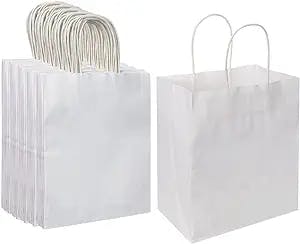 Oikss 100 Pack 8x4.75x10 inch Medium Kraft Bags with Handles Bulk, Paper Bags Birthday Wedding Party Favors Grocery Retail Shopping Takeouts Business Goody Craft Gift Bags Sacks (White 100PCS Count)