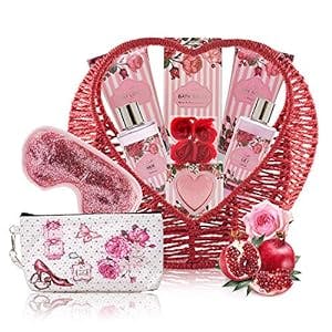 Se Sentir Mothers Day Spa Gift Baskets for Women | Birthday Gifts Set Ideas for Her in Rose Pomegranate Essence |14 Pc Relaxing At Home Spa Kit w. Body Lotion, Bath Bomb, Bubble Bath, Eye Mask, Pouch..