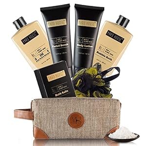 Yard House Mens Bath and Body Gift Set - Musk and Blonde Woods Scented Luxury Spa Gifts Basket for Him in Toiletry Bag -Full Size Bubble Bath, Bath Salts, Body Wash, Facial Scrub, Lotion, Shower Puff