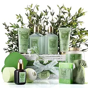 Mothers Day Tea Tree Bath Set - Home Spa Set with Calming Mint Fragrance – 15 pc Relaxation Gift Basket with Tea Tree Bath Oil, Shower Gel, Bubble Bath, Handmade Soap, Steamer Tablet, Potpourri & More