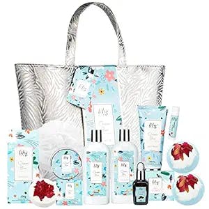 Spa Gifts for Women, Ocean Bliss Gift Basket for Women, Birthday Gifts for Women 14Pcs with Shower Gel, Shower Steamer, Bath Bomb, Rose Petal, Bubble Bath, Silver Luxury Bag, Gifts for Her…