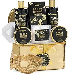 Mothers Day Bath and Body Gift Basket For Women – Honey Jasmine Fragrance - Home Spa Set with Hot & Cold Gel Eye Mask, Bath Bombs, Body Lotions, Gold Shimmery Travel Cosmetics Bag & More - 12 Pc Set