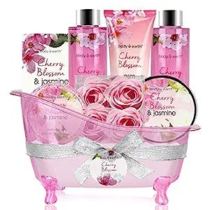 Gift Basket for Women-Spa Gift Baskets Body&Earth 8 Pcs Women Bath Sets with Cherry Blossom&Jasmine Scent Bubble Bath,Shower Gel,Body & Hand Lotion,Bath Salts,Gifts Set for Women,Mother's Day Gifts