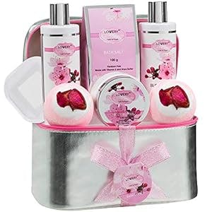 Mothers Day Bath and Body Spa Gift Basket Set For Women – Cherry Blossom Home Spa Set with Fragrant Lotions, 2 Extra Large Bath Bombs, Mirror, Silver Reusable Travel Cosmetics Bag & More. Care Package