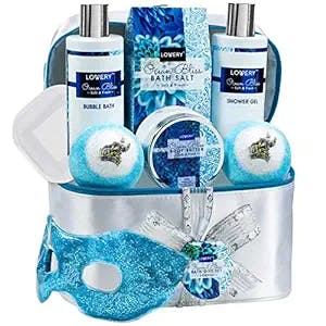 Mothers Day Gifts, Home Spa Gift Baskets For Women, Bath and Body Gift Bag, Ocean Bliss Spa Set - Glittery Reusable Hot & Cold Eye Mask, Body Lotion, 2 Ex-Large Bath Bombs, Travel Cosmetics Bag & More