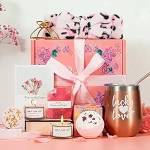 Birthday Gifts For Women Best Friend, Pink Relaxing Spa Gift Box Basket For Her, Unique Gifts for Women Mom Sisters Wife Girlfriend Who Have Everything, Happy Birthday Tumbler Bath Gift Boxes Set
