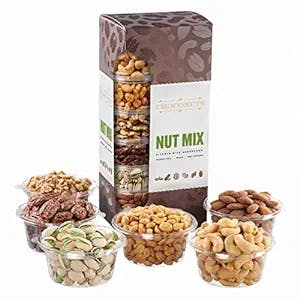 Assorted Fresh Roasted Nut Gift Tower, Variety of Six Gourmet Nuts, Great Health Gift Box for Xmas, Get Well Gift, Sympathy Basket, Hostess Gift, Just Because Gift - By Choconuts