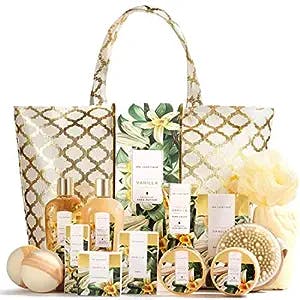 Spa Luxetique Gift Basket for Women, Vanilla Scent Spa Kit, 15 Pcs Self Care Basket Including Bubble Bath, Bath Salt, Bath Bombs and Tote Bag, Woman Birthday Gifts, Mothers Day Gift Basket