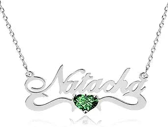 Ovfovy Custom Name Necklace, Personalized 925 Sterling Silver with Birthstone Heart for Women Girls, Made with Any Name