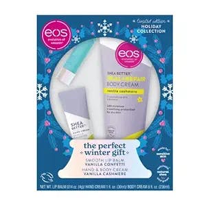 EOS Limited Edition Holiday Collection, Vanilla Cashmere Hand & Body Cream, Vanilla Confetti Lip Balm, 3 Pack, Clear
