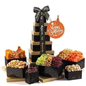 Happy Birthday Nuts & Dried Fruits Tower Gift Basket with Happy Birthday Ribbon (12 Assortments) Gourmet Food Bouquet Platter, Bday Care Package Variety Tray, Healthy Kosher Snack Box - Women Men