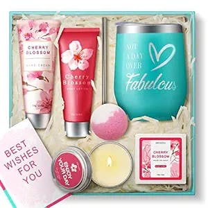 Gifts for Women Birthday Gift Baskets for Women Spa Gift for Women,Valentines Day Gifts for Women with Wine Tumbler,Cherry Blossom Bath And Body Works Gift Set Spa Box,Gifts for Women Birthday Unique