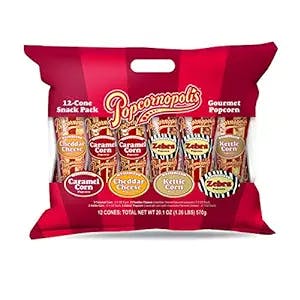 Popcornopolis Gourmet Popcorn Snacks, 12 Cone Variety Snack Packs (Gift Cone), Perfect Party Favors, Zebra Popcorn, Cheddar Cheese Popcorn, Caramel Popcorn & Kettle Corn Popcorn