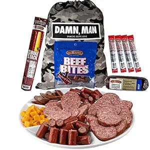 Jerky Gift for Men, Unique Food Gift Basket for Dad, Mens Birthday, Fathers Day Gift - Summer Sausage, Bacon Sausage & Cheese Sticks, Beef Snack Sticks, Beef Jerky Snack Pack in Backpack, Keto, Low Carb