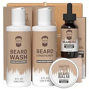 Crafted Beards Luxury Beard Grooming Kit - Beard Care Kit - Large 8oz Beard Wash / Beard Conditioner - 1oz Beard Oil - 2oz Beard Balm - Best Gift for Men (Sandalwood Bourbon)