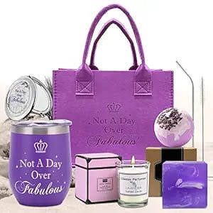 GOGOPARTY Purple Birthday Gifts for Women - Mothers Day Gifts Spa Gifts Bath Sets Basket with Tumbler, Compact Mirror, Scented Candle, Bath Bomb, Bath Soap, Gift Bag, Lavender Gifts for Mom