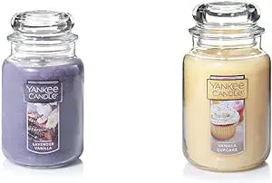 Yankee Candle Lavender Vanilla Scented, Classic 22oz Large Jar Single Wick Candle & Vanilla Cupcake Scented, Classic 22oz Large Jar Single Wick Candle