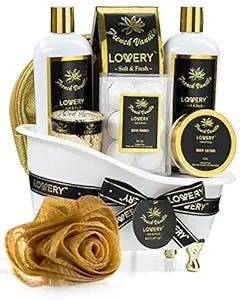 Mothers Day Gifts for Mom, Bath Gift Basket Set for Women, Relaxing at Home Spa Kit, French Vanilla Scent - Bath Bombs, Salts, Shower Gel, Body Butter Lotion, Spa Candle, Bubble Bath, Loofah & More