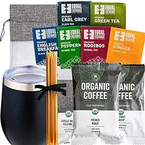 Organic Tea & Coffee Gift Basket, Tea & Coffee Gift Sets for Women & Men in a Beautiful Gift Bag, includes Insulated Coffee Mug, Coffee Sampler, Teas & Honey for Mother’s Day & Coffee Gifts
