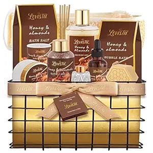 Mothers Day Gifts Spa Gift Baskets For Women, Honey Almond Bath and Body Set, Christmas, Birthday Gift- Shower Gel, Bubble Bath, Body Butter, Bath Salt, Body Oil, Candle, Bath Caviar, Soap, Home Diffuser, Scrubber