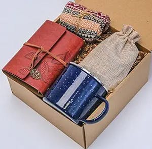 Happy Hygge Gifts Gift Box for Her or Him with Nordic Patterned Socks, Campfire Enamel Mug, Embossed Notebook, and Hot Chocolate | Gift Idea for Women and Men, Birthday, Bridesmaids or Groomsmen, Anniversary, Housewarming Gift