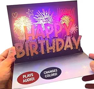 100 GREETINGS LIGHTS & SOUND 'Fireworks & Cheering' Birthday Pop Up Card - Happy Birthday Card for Wife, Husband, Him, Her, Women & Men – Pop Up Birthday Greeting Cards - 1 Card Only