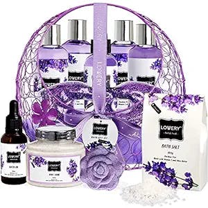 Mothers Day Gift Basket, Home Spa Bath and Body Gift For Women and Men – Hot and Cold Gel Eye Mask, Lavender Lilac Deluxe Home Spa Set with Bath Bombs, Massage Oil, Purple Wired Candy Dish & Much More