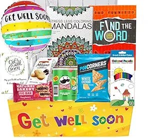 GET WELL GIFT Basket, package for Adults or kids Men, women, boy or girl Care package, Feel better soon for home or hospital, after surgery w/Balloon, candy & snacks & greeting card, Sympathy Gift