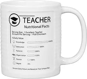SQOWL Teacher Gifts for Men Women Teacher Nutritional Facts 14oz Ceramic Coffee Mug Teacher Appreciation Mug White