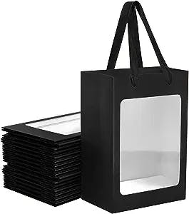 12 Pcs Black Kraft Paper Gift Bags with Transparent Window, 9.84"x7.0"x5.12" Kraft Shopping Bags with Handles for Present, Festivals Party
