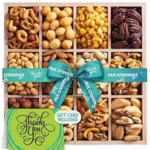 Thank You Nuts Gift Basket with Thank You Ribbon + Greeting Card in Reusable Wooden Tray (12 Assortments) Gourmet Food Platter, Appreciation Care Package Variety Tray, Healthy Kosher Snack Box