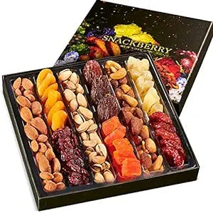 Dried Fruit & Mixed Nuts Gift Basket Mothers Day Arrangement Platter, Gourmet Food Bouquet Birthday Care Package, Healthy Kosher Snack Box - Her Him - Snackberry (9 Variety)