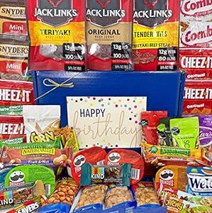 Birthday Snack Pack Gift Box Basket - Bundle of 44 Great Gifts - 8 Jerky, 9 Nuts / Trail Mix, 8 Bars, 13 Crunchy Salty Snacks, 6 Sweet Treats - Send Your Happy Birthday Wishes Today - Great for Dad, Husband, Coworker, Neighbor, Friend, Grandpa, Cousin, Uncle, Brother, Son, Boss, Student - PRIME - Over 4 Lbs!