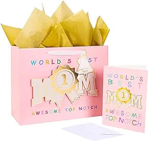 LeZakaa Mother's Day Gift Bag, 13" Pink Gift Bag with Tissue Paper, Gift Tag and Card - World's Best Mom Medal 3D Paster with Gold Foil Design