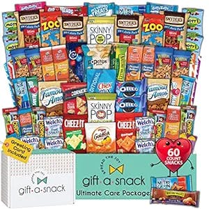 Snack Box Variety Pack Care Package + Greeting Card (60 Count) Mothers Day Candies Gift Basket Sweet Treats Assortment Stuffers Chips Crackers Bars - Birthday College Mom Women Adult Kid, Gift A Snack
