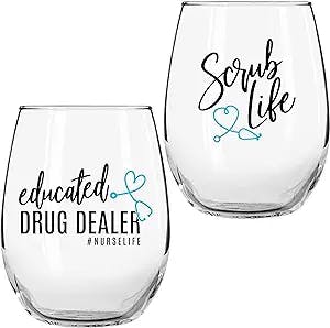 Nurse Gifts For Women Funny Wine Glass 2 Pc Set - 17 Oz Stemless Wine Glass - Funny Nurse Practitioner Gifts RN Nurses NICU Nurses and Student in Nursing School - Great for Coworker Appreciation Gift