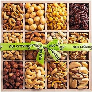 Mothers Day Mixed Nuts Gift Basket in Reusable Wooden Tray + Green Ribbon (12 Assortments) Gourmet Food Bouquet Arrangement Platter, Birthday Care Package, Healthy Kosher Snack Box, Mom Women Wife Men