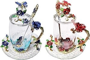 LANTREE Tea Cups with Saucer Lid Spoon Flower Butterfly Tea Cup Fancy Coffee Mug Unique Christmas Gift for Women Coworker Grandma Pack of 2(12oz)